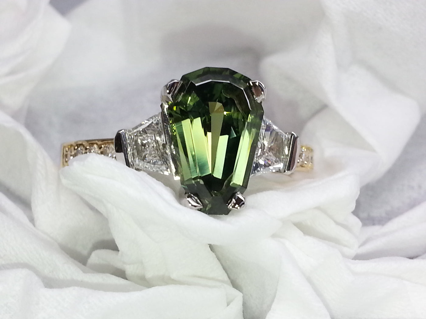 Custom-made Coffin Cut Green Sapphire and Diamond Engagement Ring