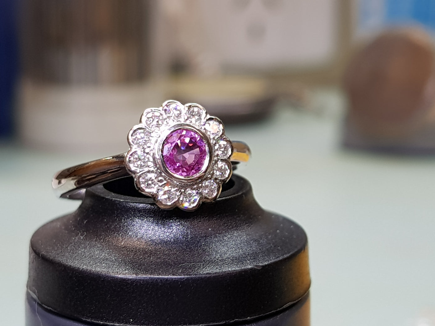 Custom-made Australian Pink Sapphire & Diamond Daisy Style Engagement Ring