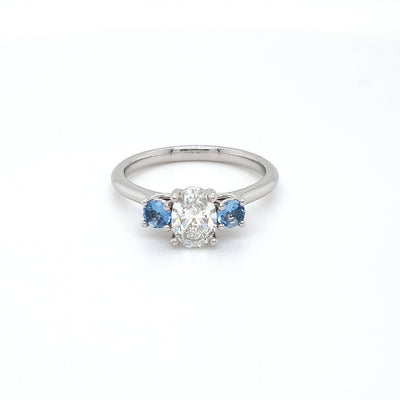 Custom Designed Aquamarine & Diamond Platinum Trilogy Engagement Ring for Katie