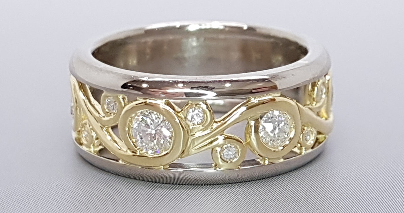 18ct Yellow and White Gold Wide Band Diamond Dress Ring